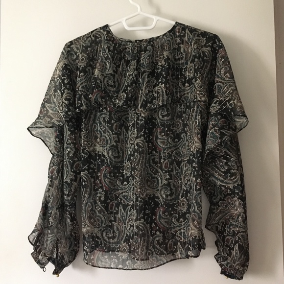JOIE Kriston Black Print Chiffon Tiered Ruffle Sleeve Blouse XS - Picture 5 of 7
